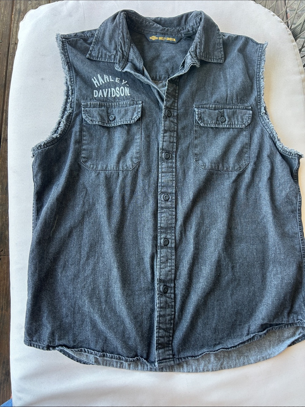 Harley-Davidson Washed Black/Grey Sleeveless Denim Button-Down Shirt